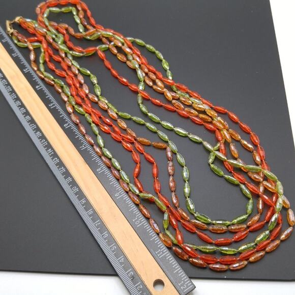 Vintage Long Three Strand Necklace, Light Green Orange Topaz Lucite, 1950s, 54" - Picture 7 of 7